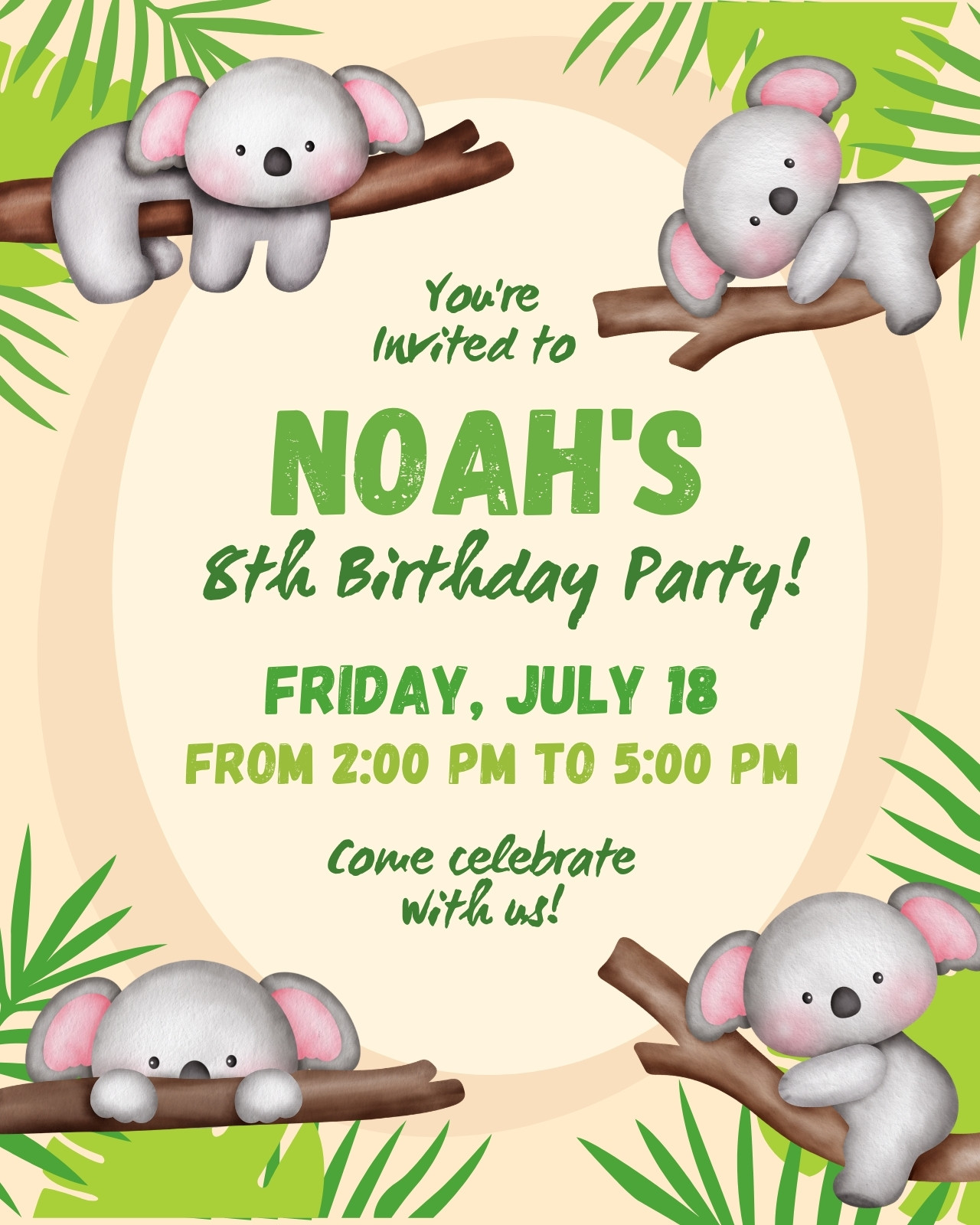 Soft Green Mint Beige Playful Koala Birthday Party Invitation