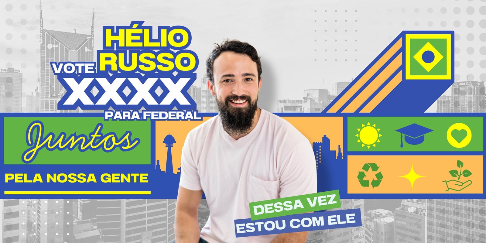 Banner Candidato Política Eleitoral Azul Amarelo Branco Moderno