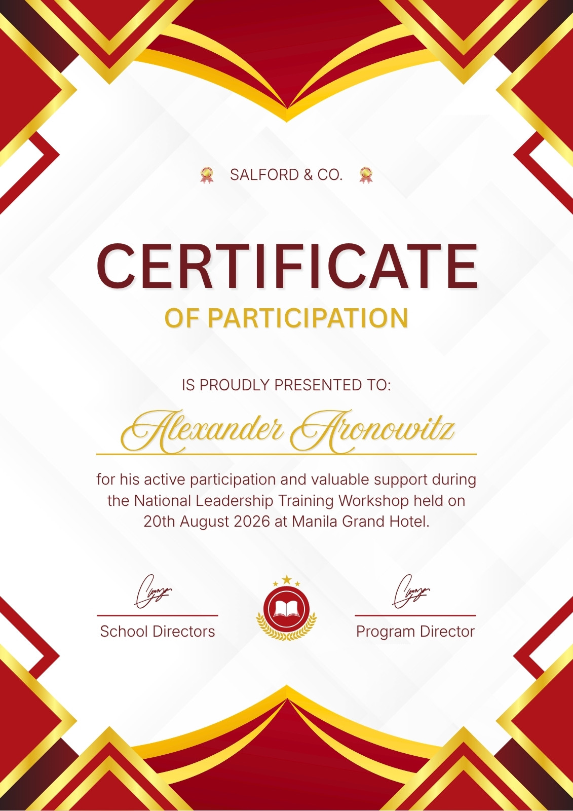 Red Gold and White Elegant Leadership Recognition Certificate