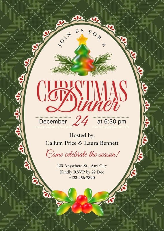 Festive Traditional Christmas Dinner Invitation Canva template, green and red
