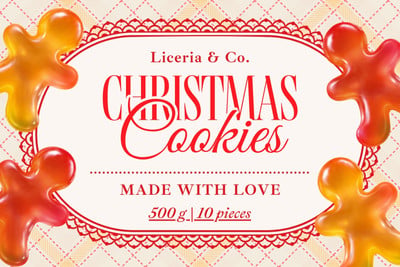 Festive Retro Illustrated Christmas Cookies Jelly Gummy Candy Label Canva template, orange and red