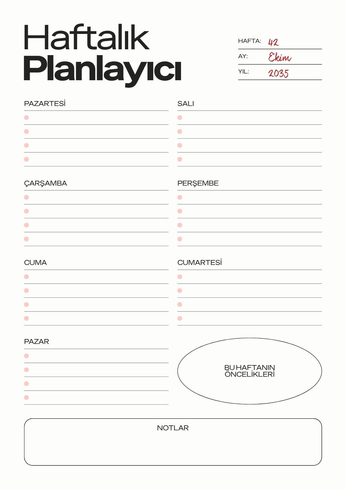Beyaz ve Siyah Minimal Haftalık Planlayıcı