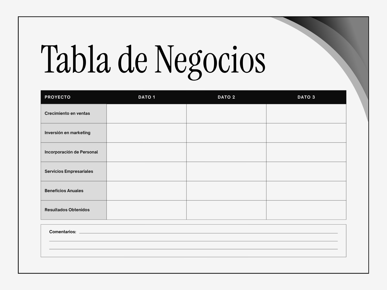 Gráfico Tabla de Negocios Sencillo Blanco y Negro