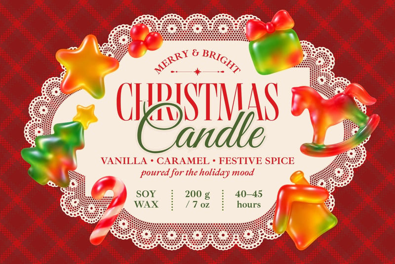 Festive Illustrated Sweet Gummy Jelly Christmas Candle Label Canva template, red