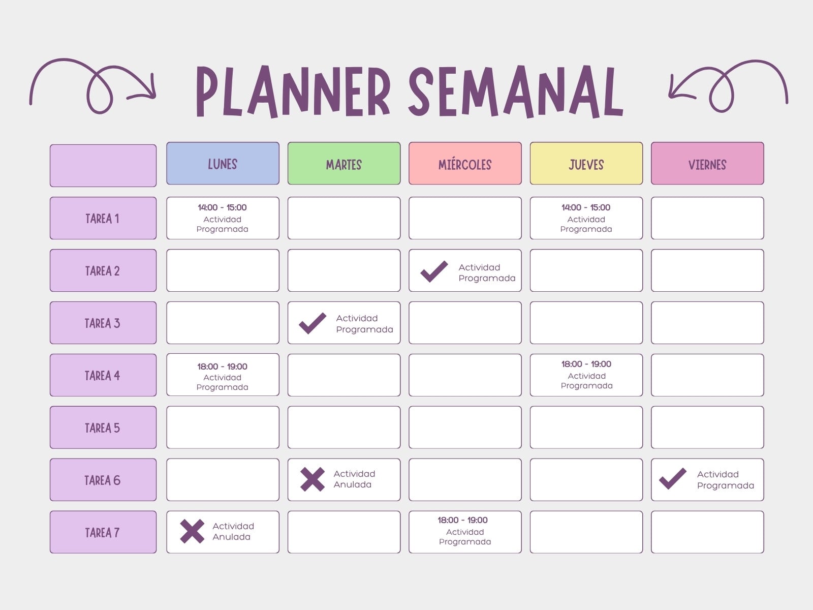 Gráfico Planner Semanal Simple Colorido Morado