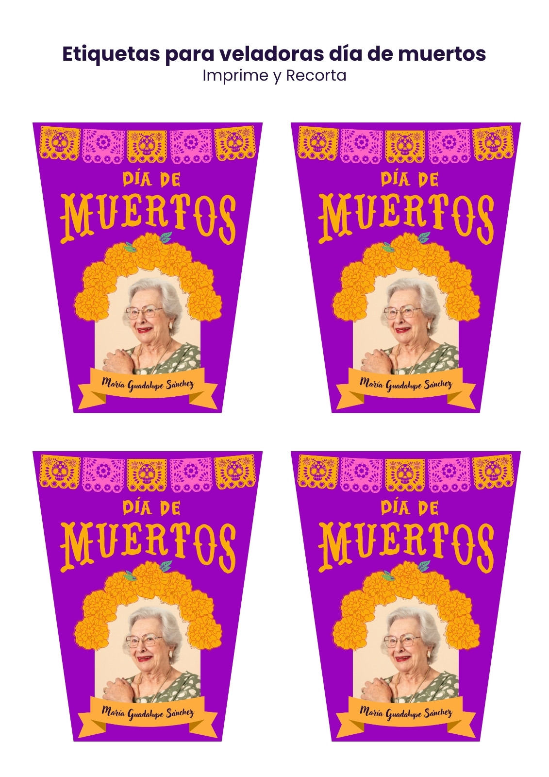 Documento A4 Etiquetas Veladoras Ilustrado Día de Muertos Morado Amarillo y Rosa