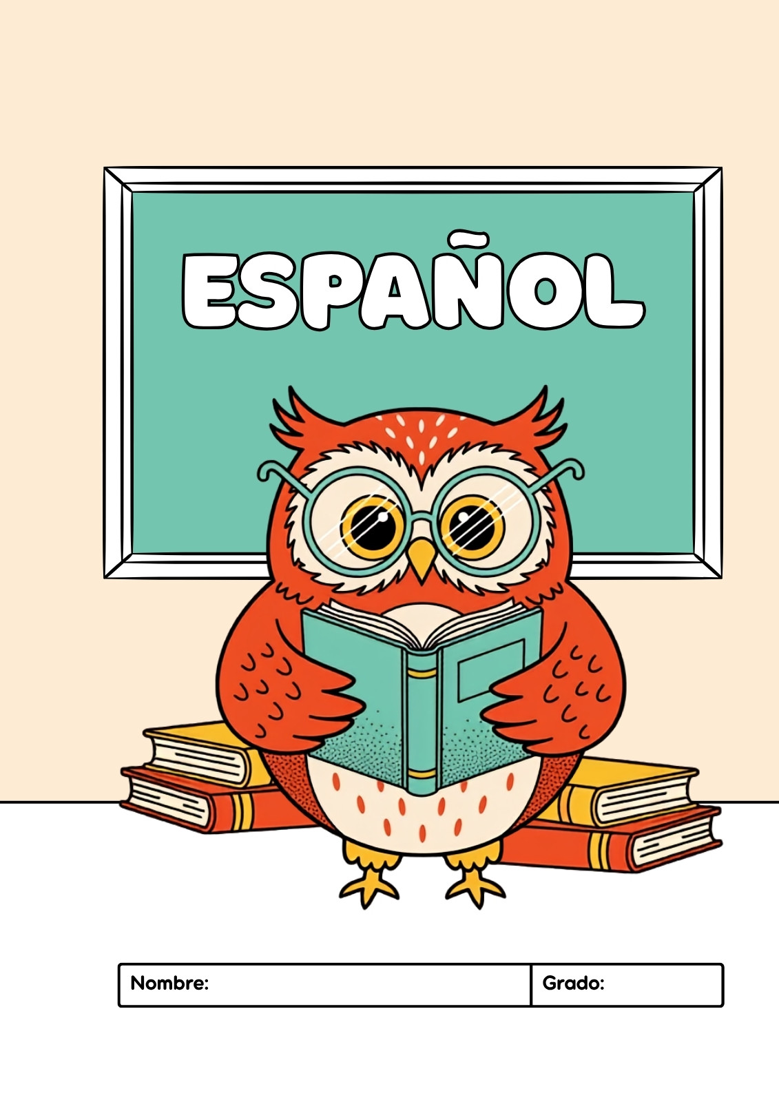 Portada de cuaderno de español en naranja y turquesa con personajes juguetones