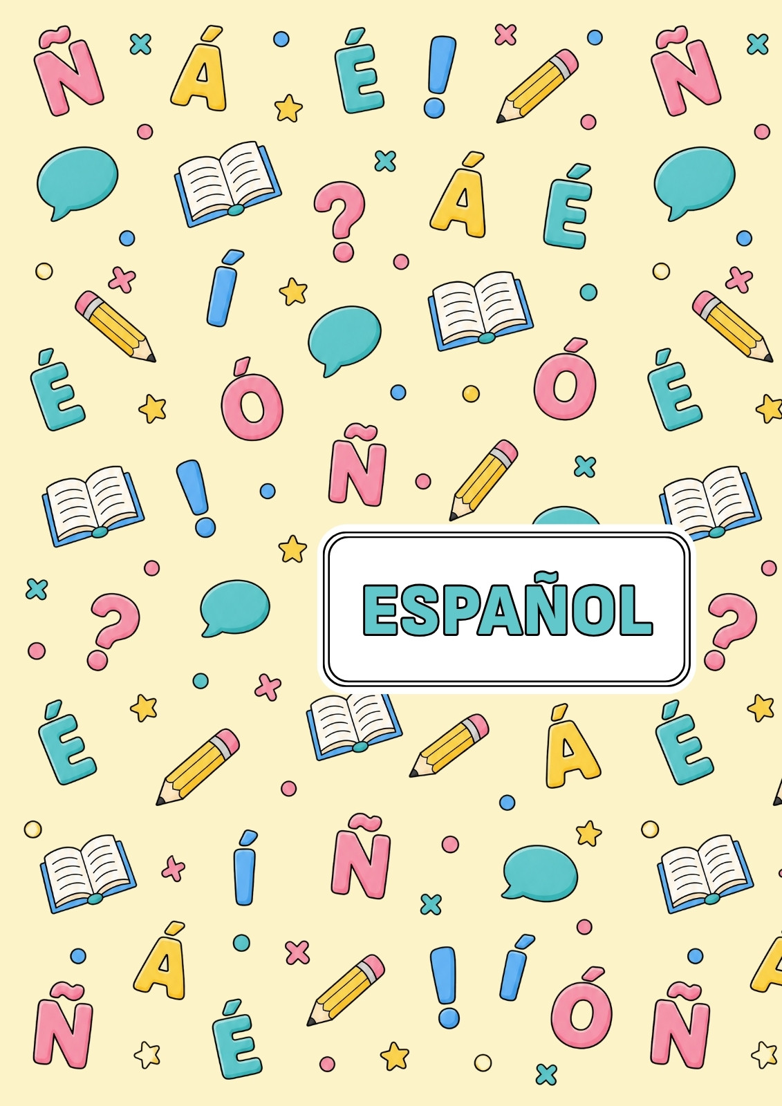 Portada de cuaderno de español en amarillo y turquesa con caricaturas tiernas