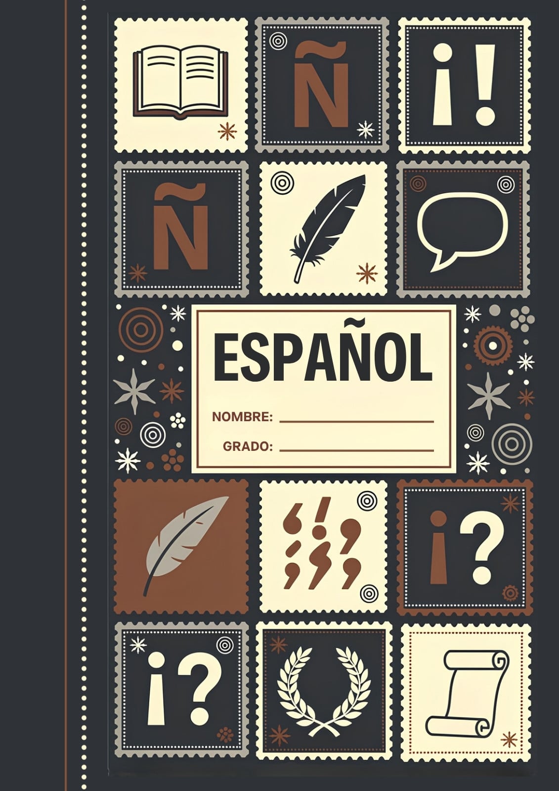 Portada de cuaderno de español en negro y marrón estilo vintage
