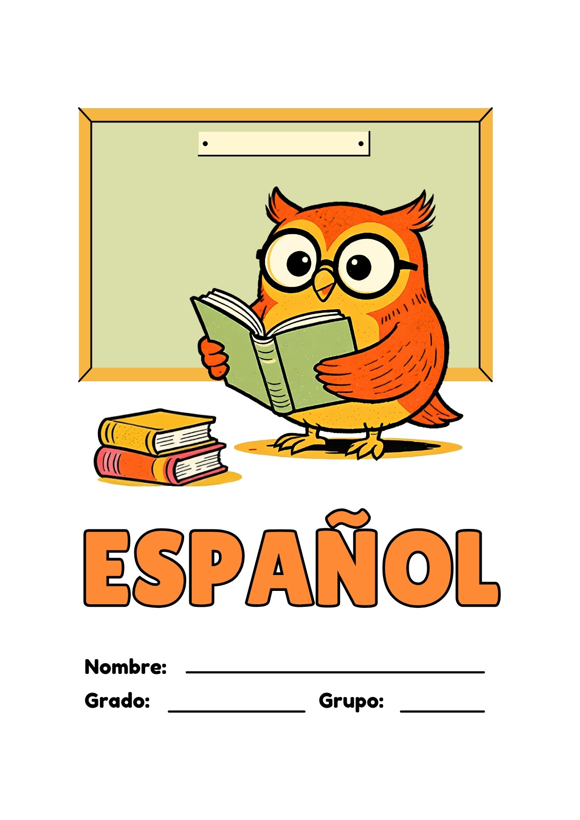 Portada de cuaderno de español en verde y naranja con personajes juguetones