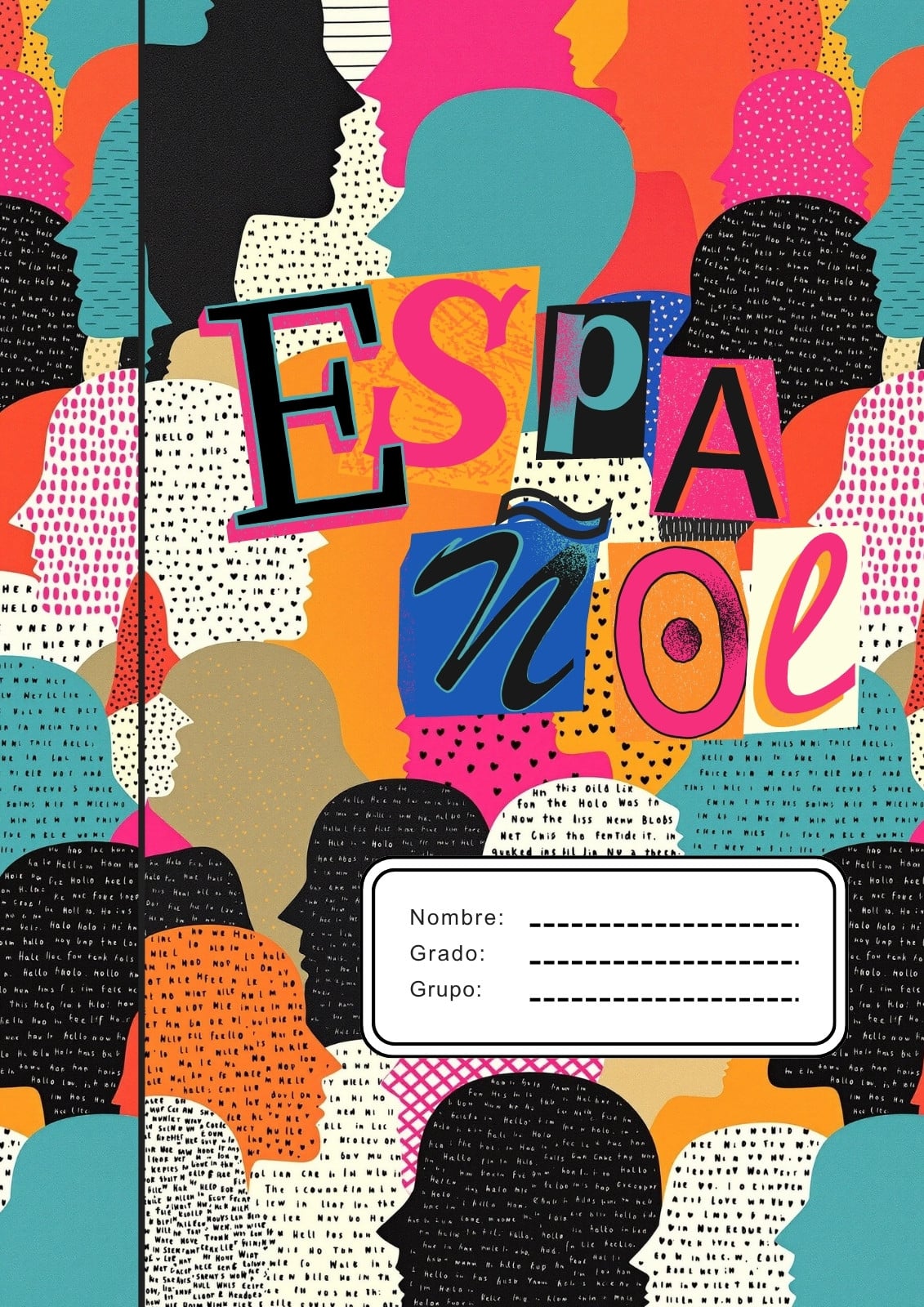 Portada de cuaderno de español en rosa y azul con patrón estilo ilustrado