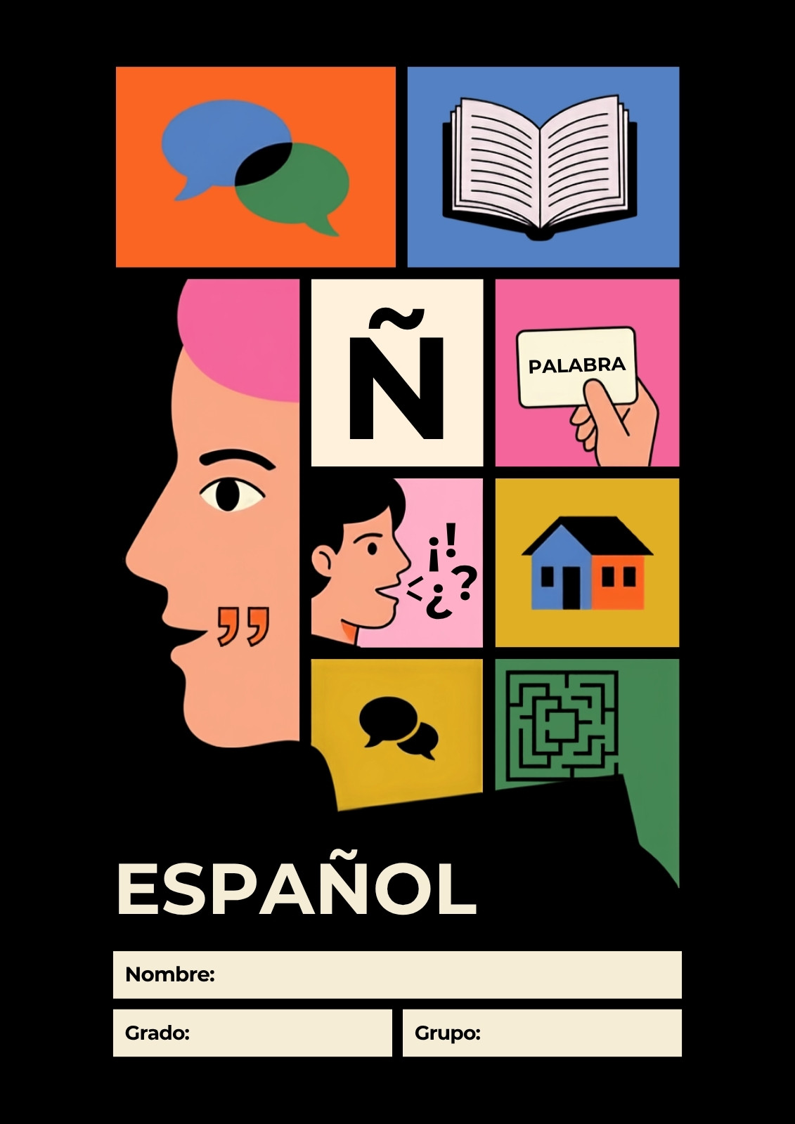 Portada de cuaderno de español en negro con naranja rosa y verde con estilo ilustrado