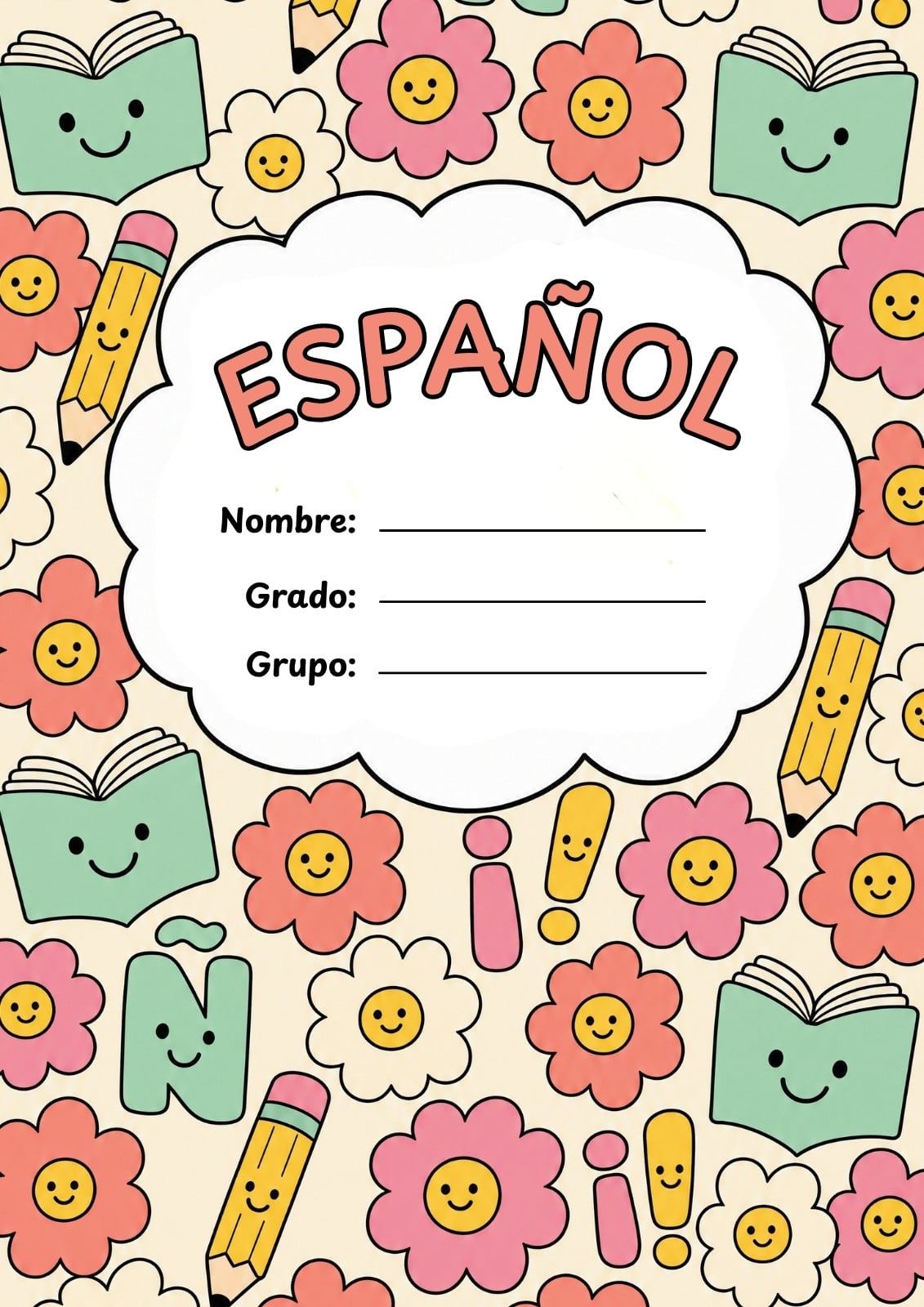Portada de cuaderno de español en rosa y verde menta con personajes juguetones