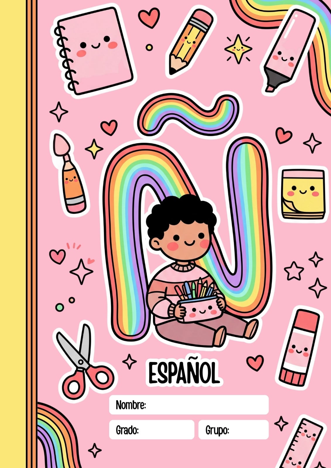 Portada de cuaderno de español en rosa y amarillo estilo kawaii