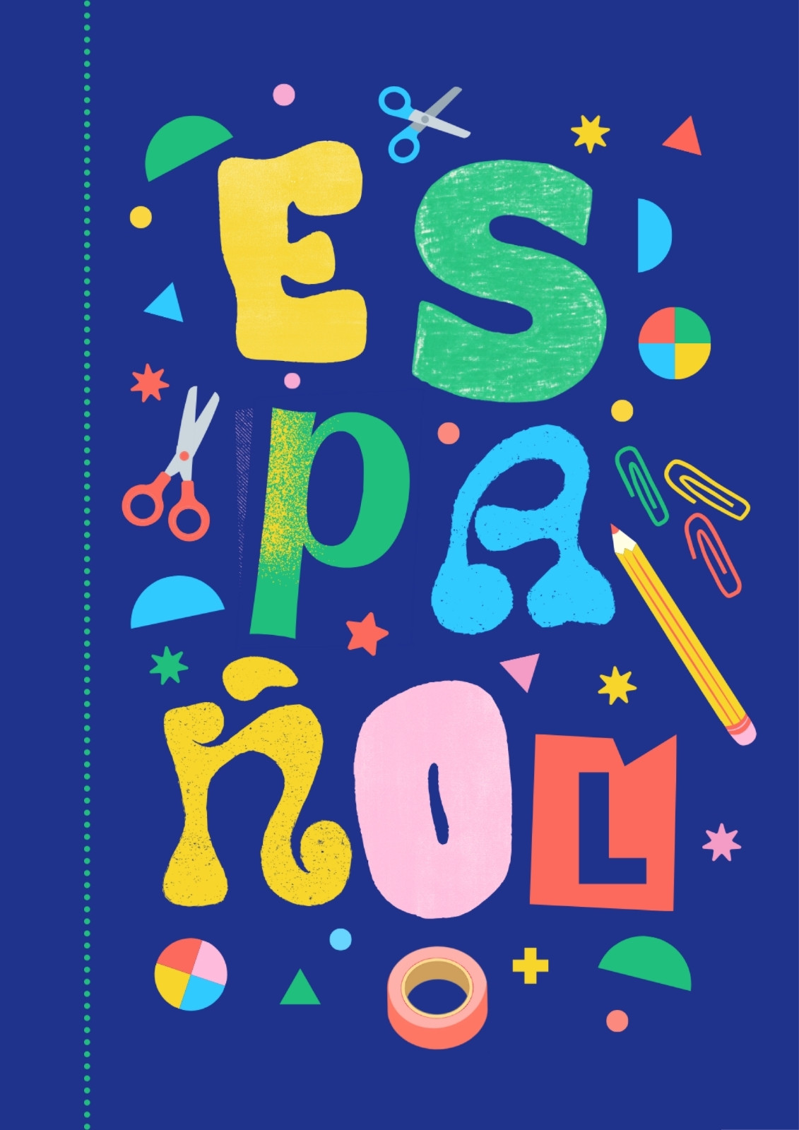 Portada de cuaderno de español en azul y verde estilo doodle divertido
