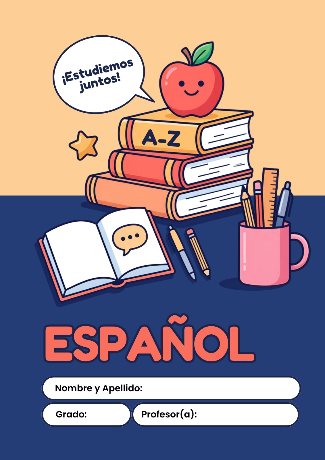 Portada de cuaderno de español en naranja y azul estilo ilustrado