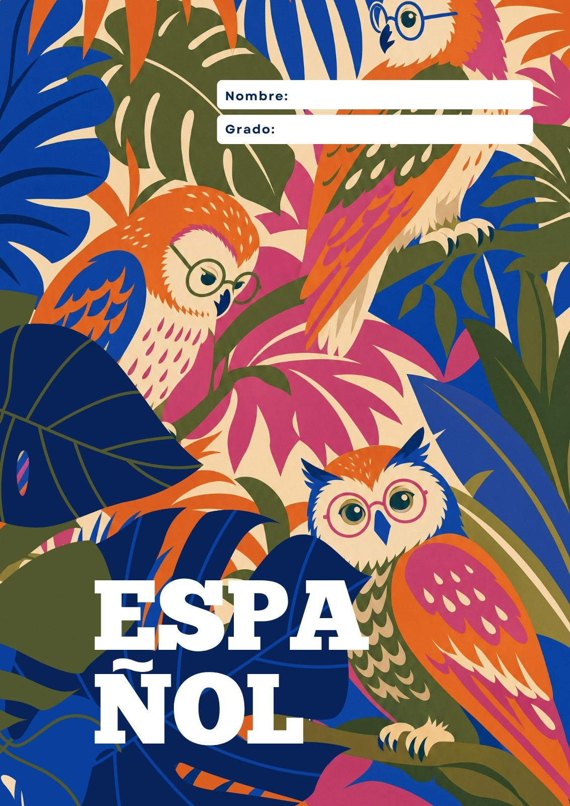 Portada de cuaderno de español en azul y naranja estilo botánico
