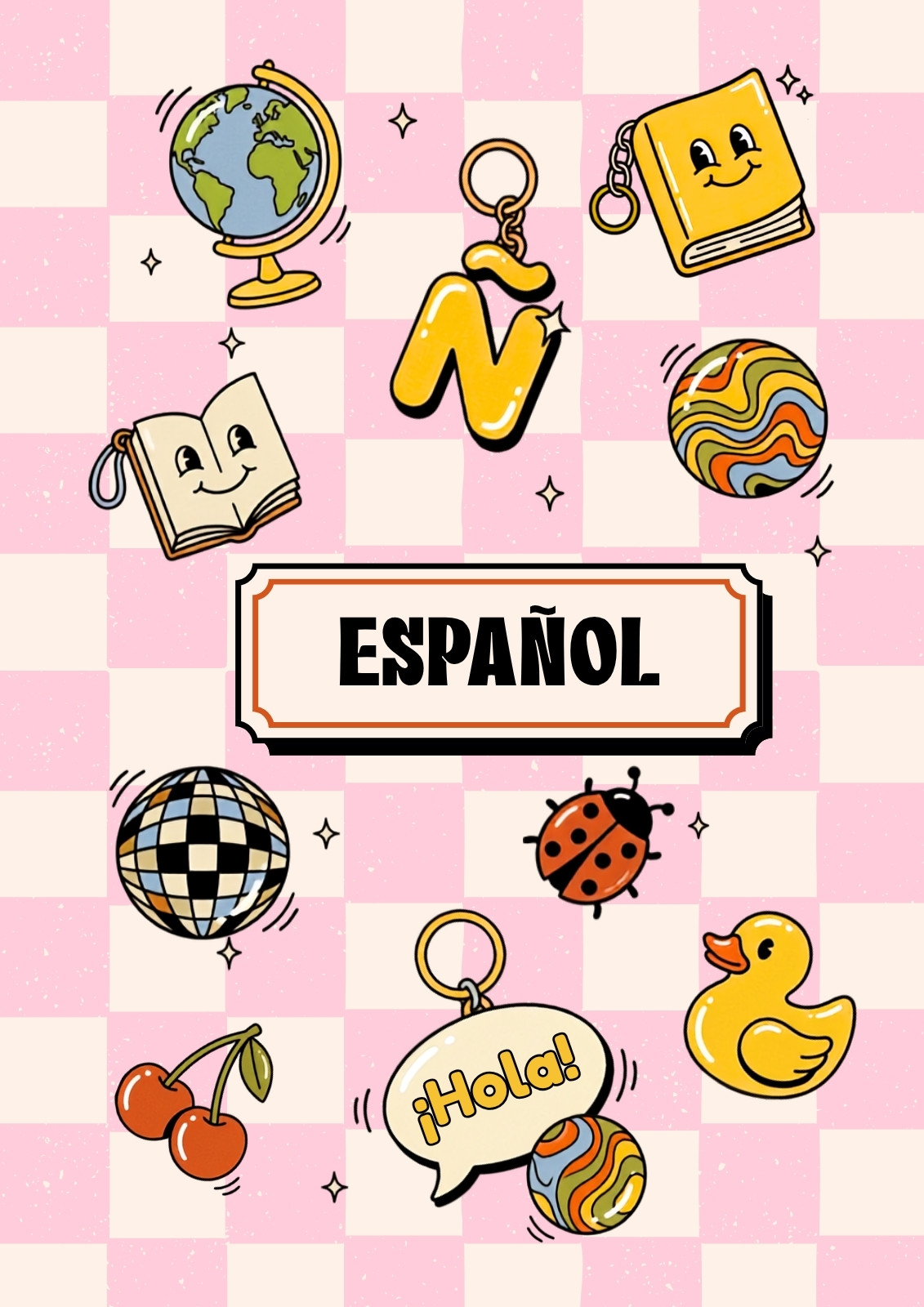 Portada de cuaderno de español en rosa y amarillo con patrón escolar