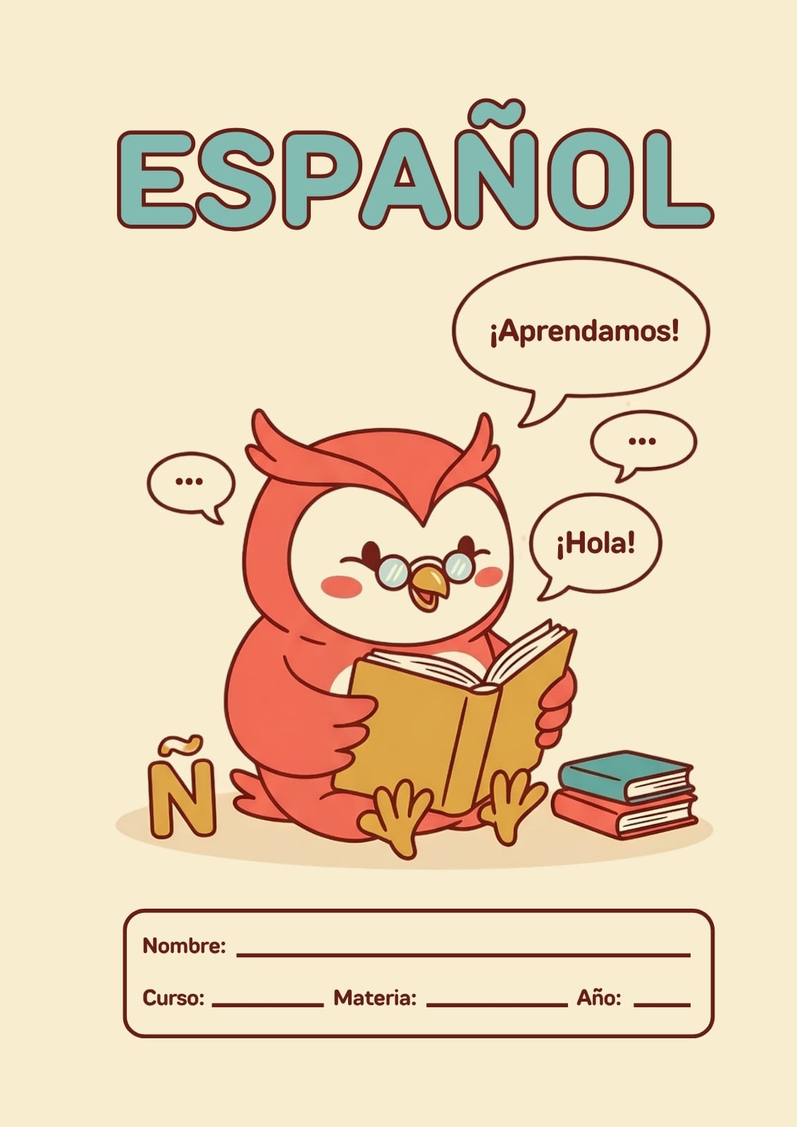 Portada de cuaderno de español en crema y naranja con personajes juguetones