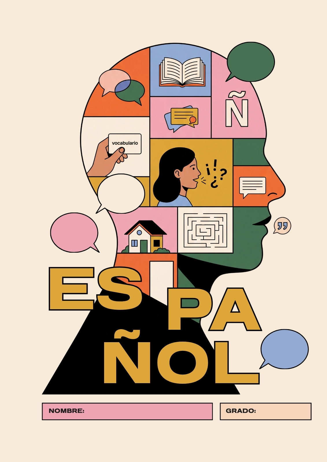 Portada de cuaderno de español en beige y pastel con estilo ilustrado