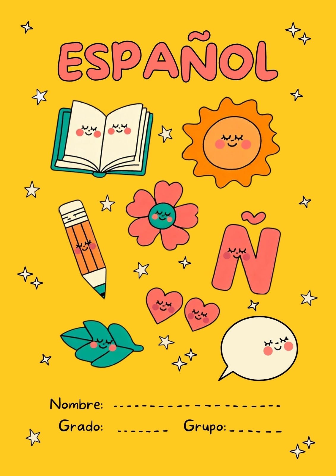 Portada de cuaderno de español en amarillo y rosa con estilo tierno