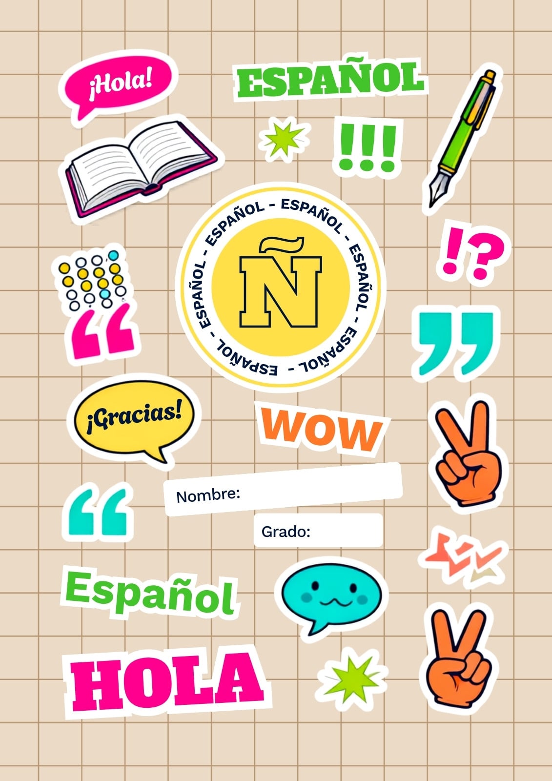 Portada de cuaderno de español en beige, rosa y turquesa con caricaturas tiernas