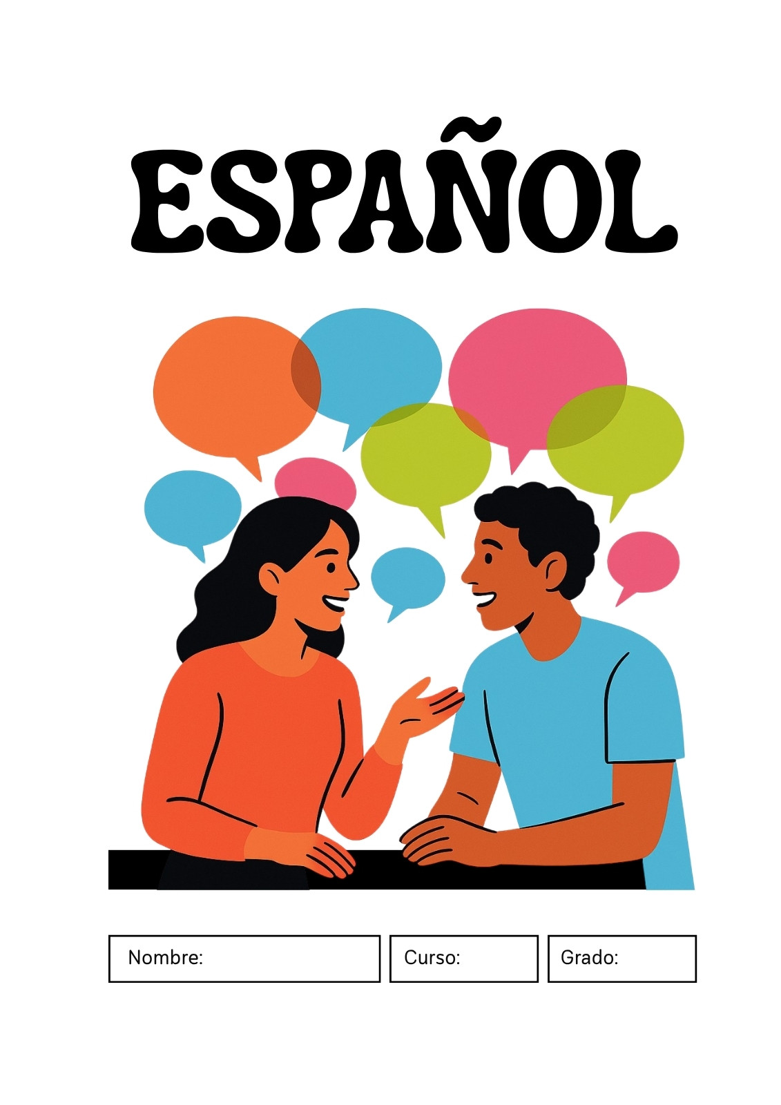 Portada de cuaderno de español en naranja, azul y verde con estilo ilustrado