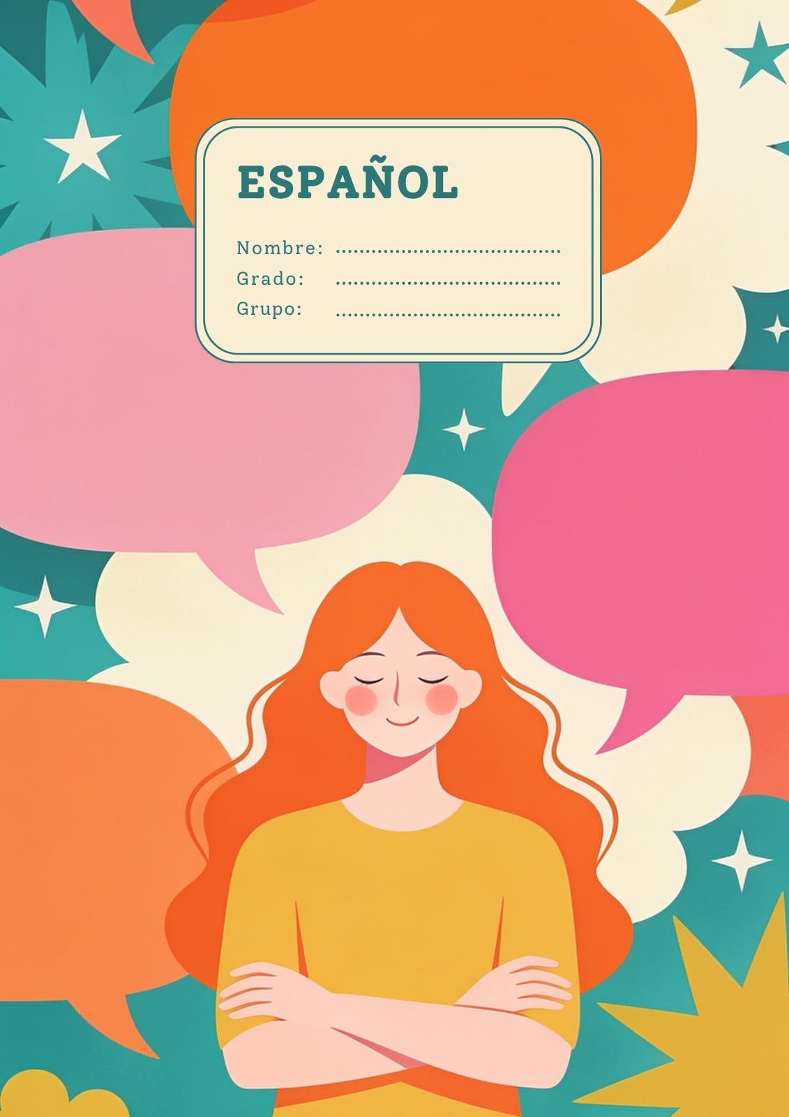 Portada de cuaderno de español en turquesa y naranja estilo ilustrado