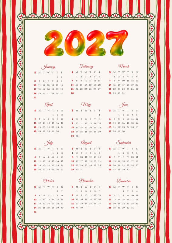 Cute Retro 2027 Calendar Poster Canva template, red and beige