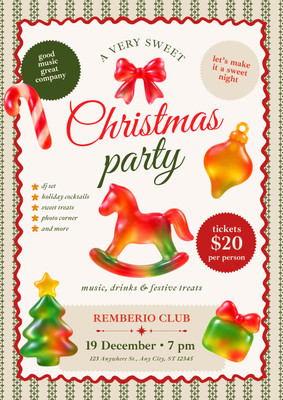 Retro Christmas Party Invitation Flyer Canva template, red, green and beige
