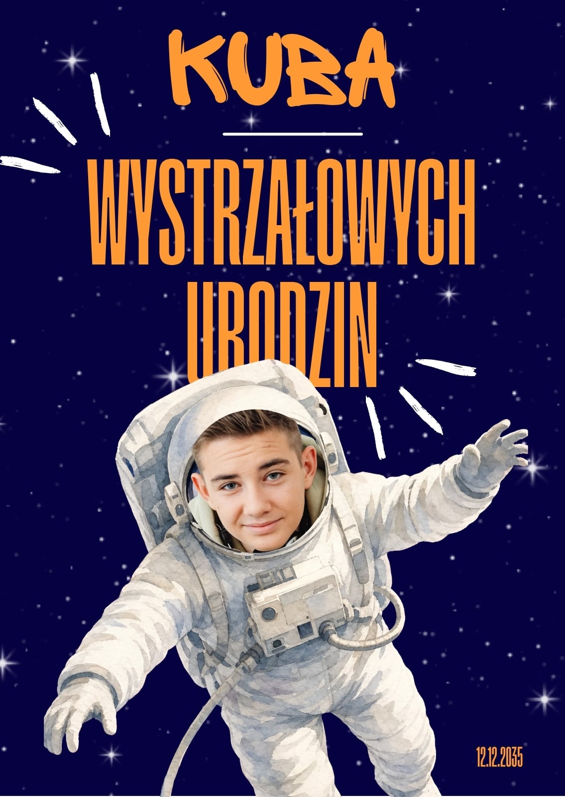 Granatowy Pomarańczowy I Biały Kosmiczne Urodzinowa Kartka