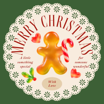 Festive Holiday Christmas Gingerbread Gift Circle Sticker Canva template, green and red