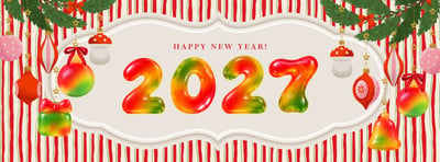 Retro Festive Happy New Year 2027 Facebook Cover Canva template, red and green