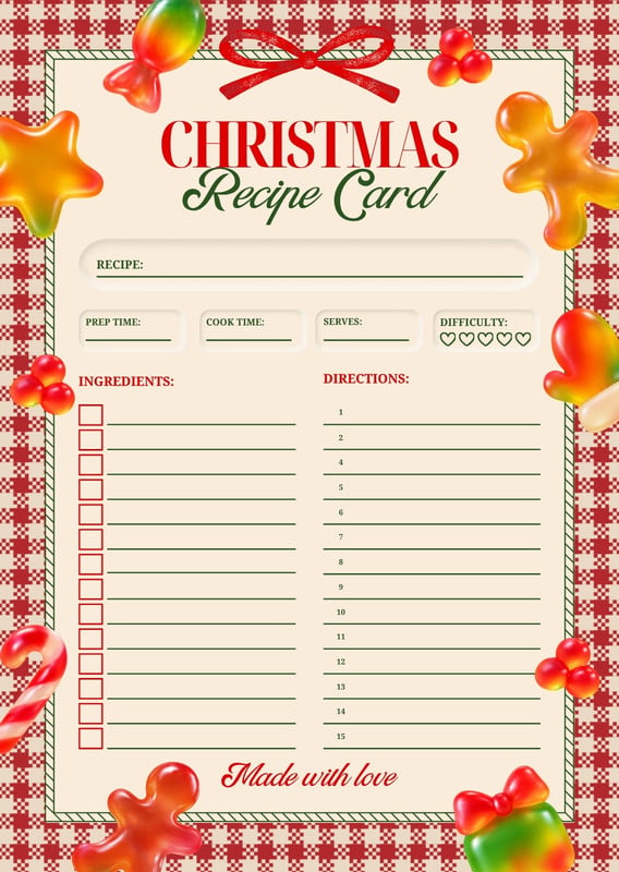 Festive Vintage Illustrated Christmas Gummy Recipe Card Canva template, red and beige