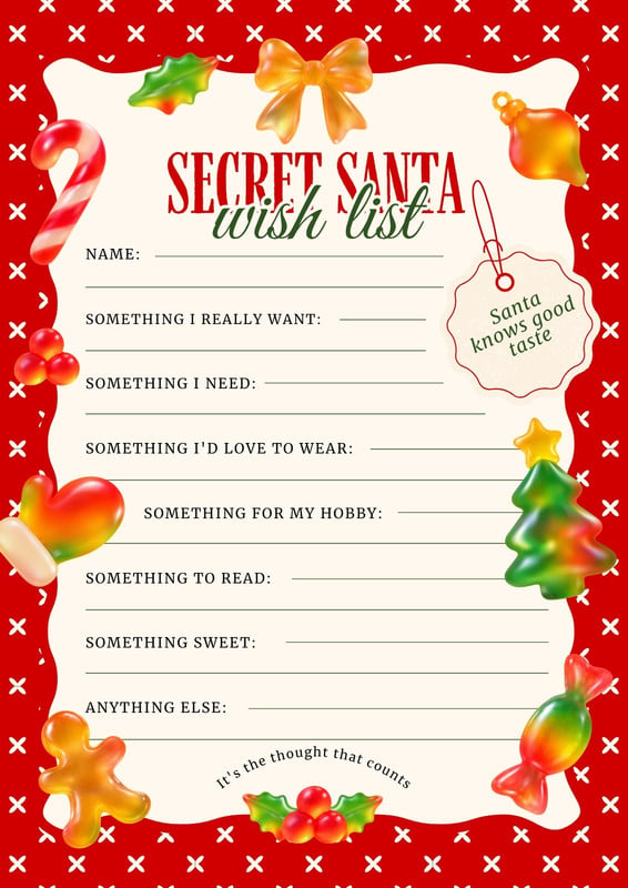 Festive Secret Santa Wish List Christmas Letter Canva template, red and green