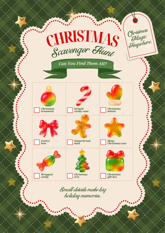Festive Holiday Christmas Scavenger Hunt Poster Canva template, green and gold