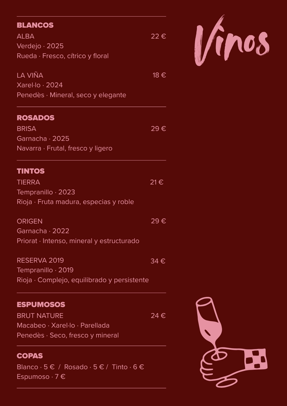 Menu de bodega Tipográfico Ilustración Minimalista Rojo granate y Rosa