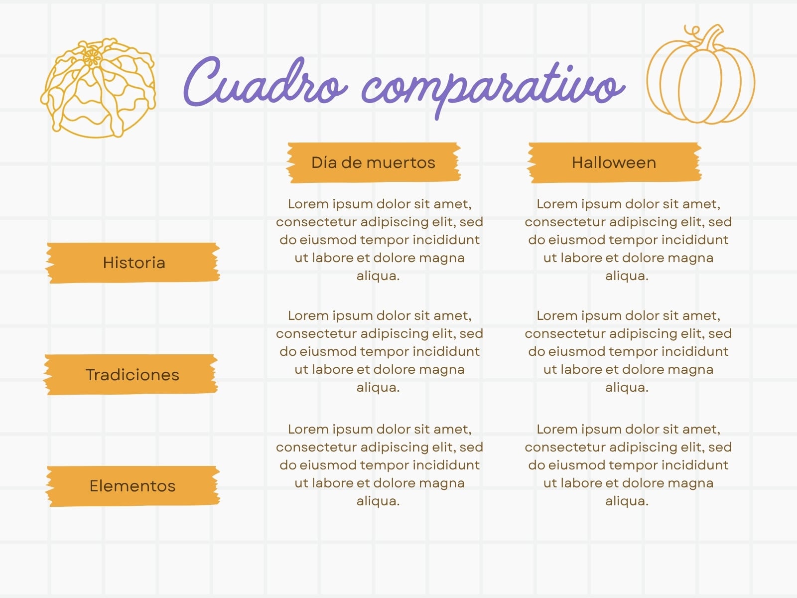 Diagrama Cuadro Comparativo Día de Muertos Halloween Ilustrado Naranja Morado Blanco