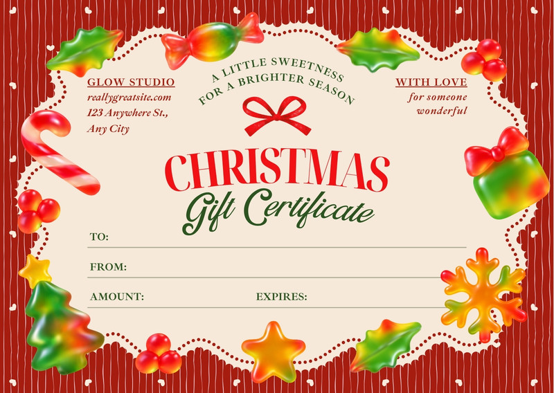Festive Illustrated Gummy Christmas Gift Certificate Canva template, red and beige