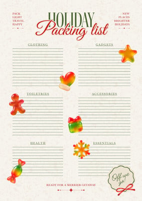 Festive Christmas Holiday Packing List Document Canva template, red and green