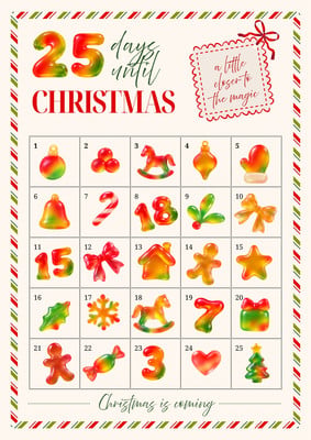 Festive Gummy 25 Days Until Christmas Advent Calendar Countdown Poster Canva template, red and green
