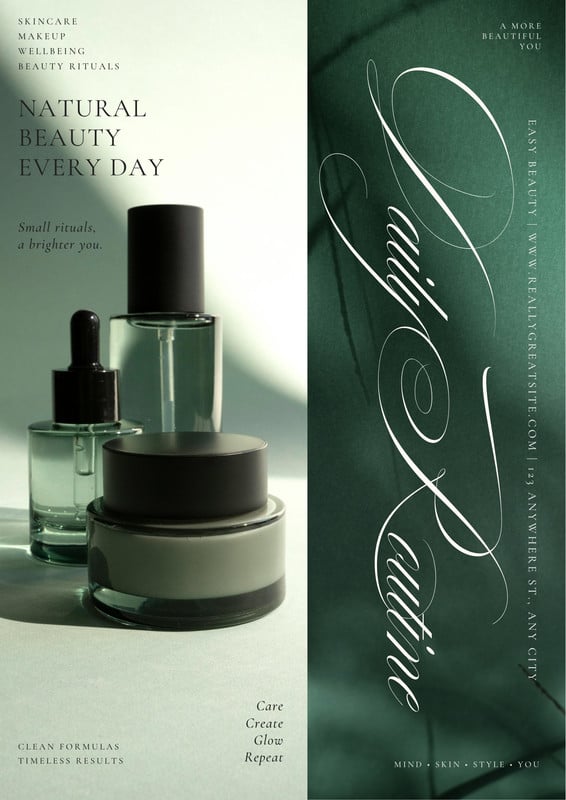 Sophisticated Editorial Natural Beauty Cosmetics Poster Canva template, green