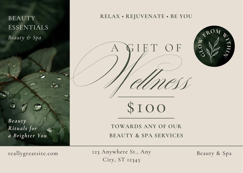 Sophisticated Botanical Beauty Spa Gift Certificate Canva template, cream and green