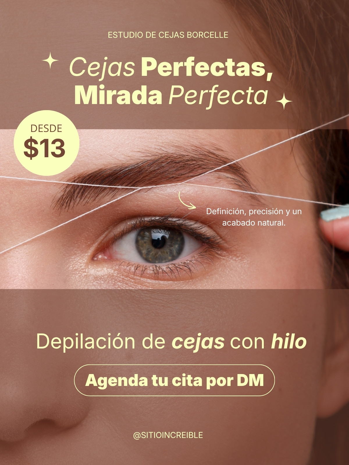 Post de Instagram para estudio de cejas con hilo minimalista en café con amarillo