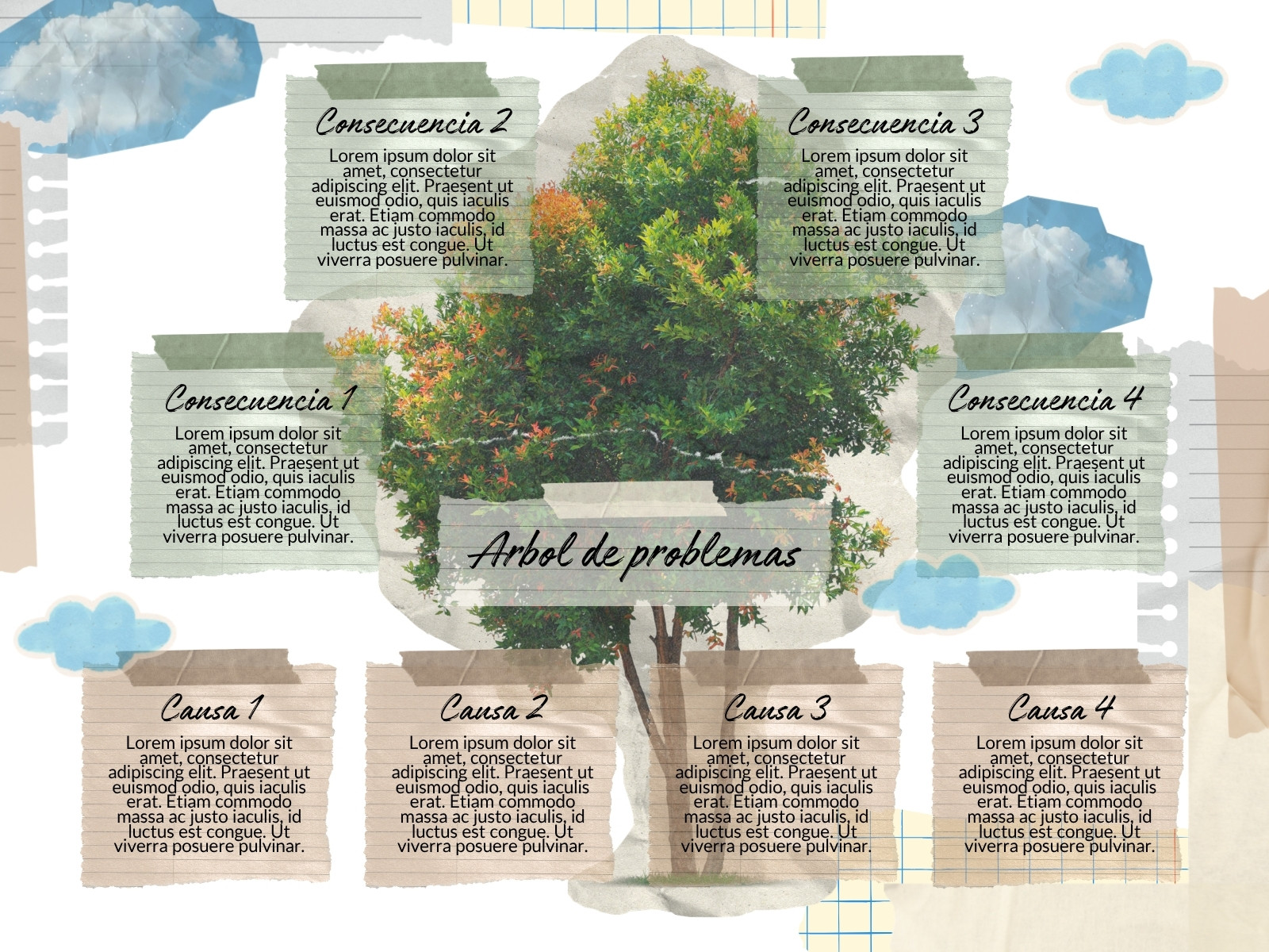 Grafica arbol de problemas recortes de papel verde y marron
