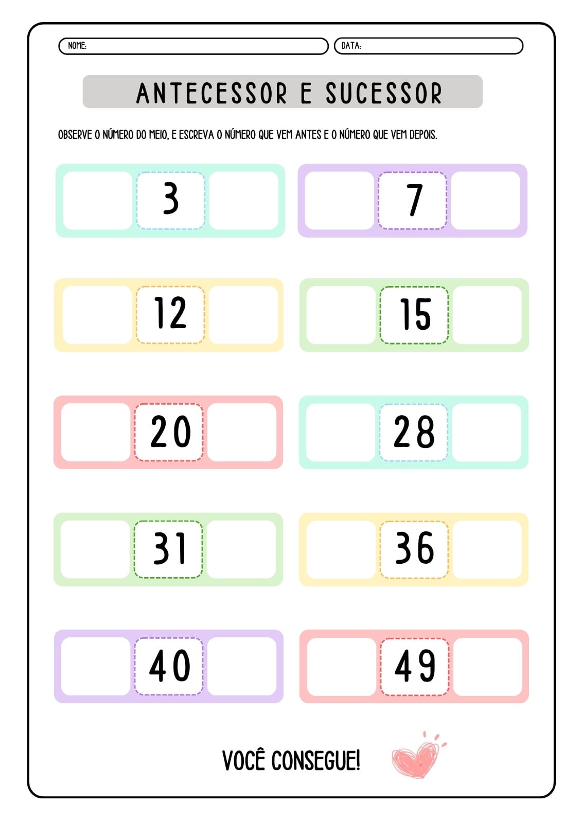 Folha de Atividades Antecessor e Sucessor Minimalista Colorido