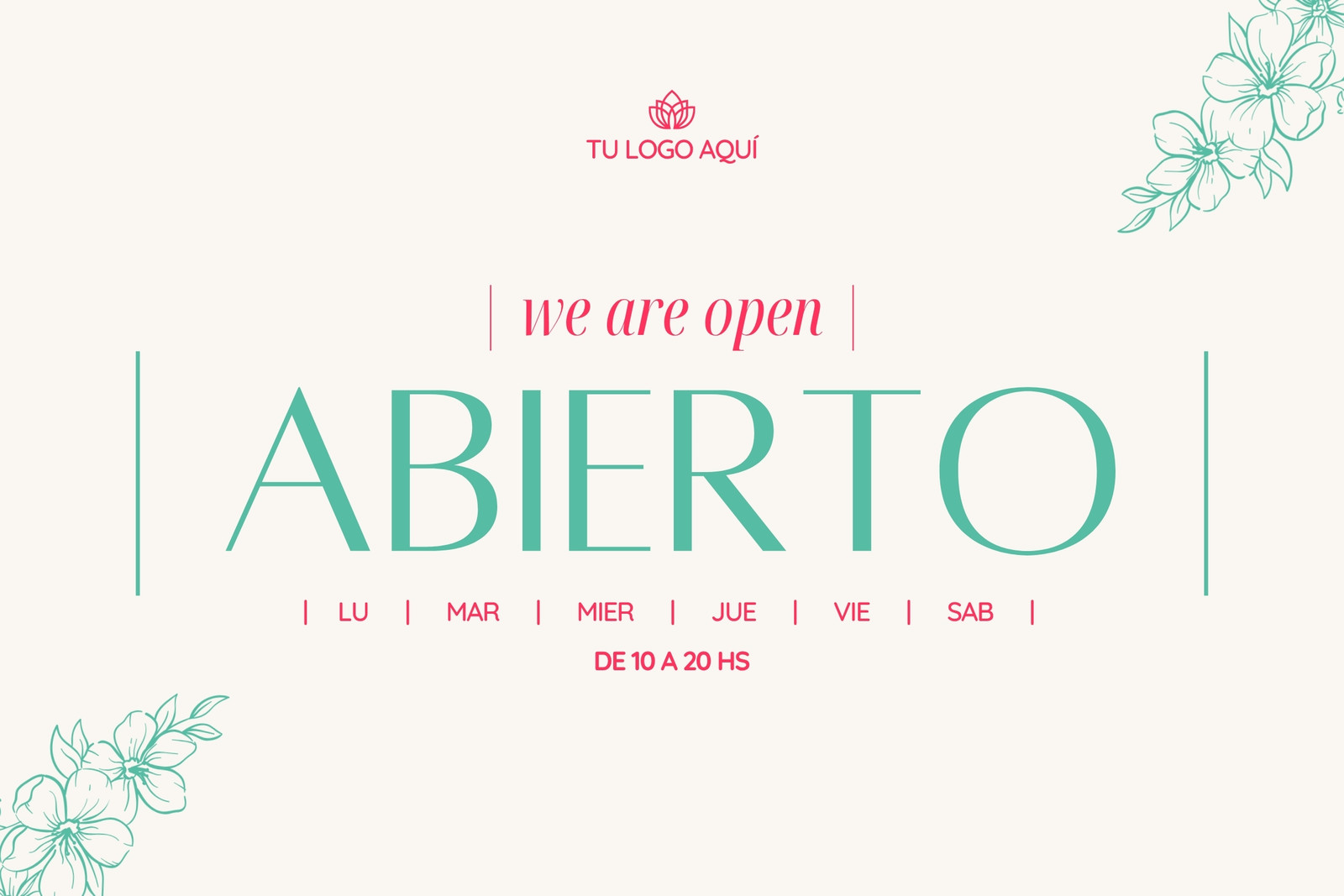 cartel aviso abierto y cerrado verde y rosa
