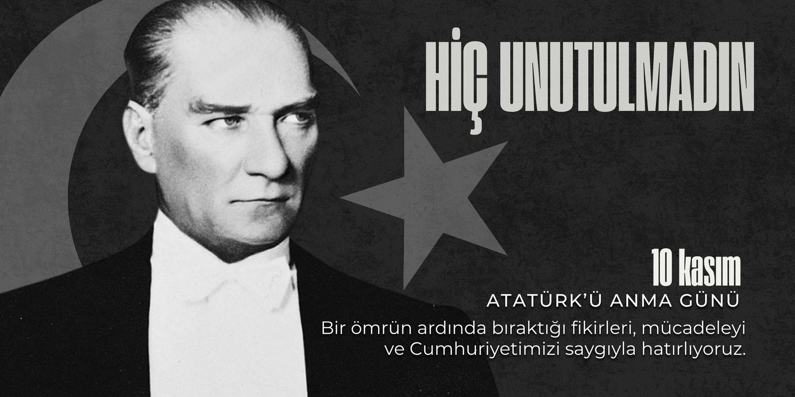 Siyah Beyaz ve Koyu Gri Minimalist 10 Kasım Atatürk'ü Anma Günü Banner