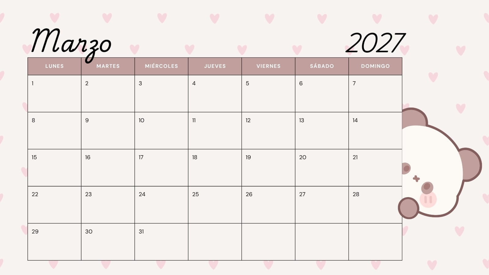 Calendario Mensual Marzo 2027 Oso Ilustrado Infantil Rosa Marrón y Beige