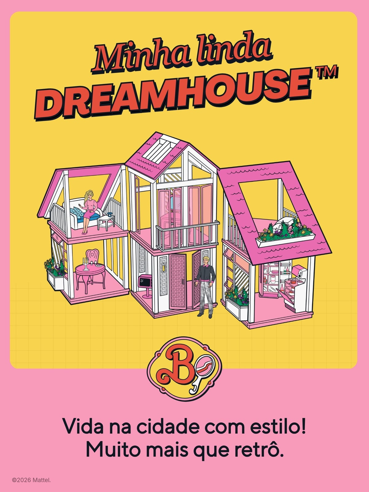 Cartaz decorativo para quarto da Barbie com estilo Dreamhouse: Interiors em rosa amarelo e vermelho